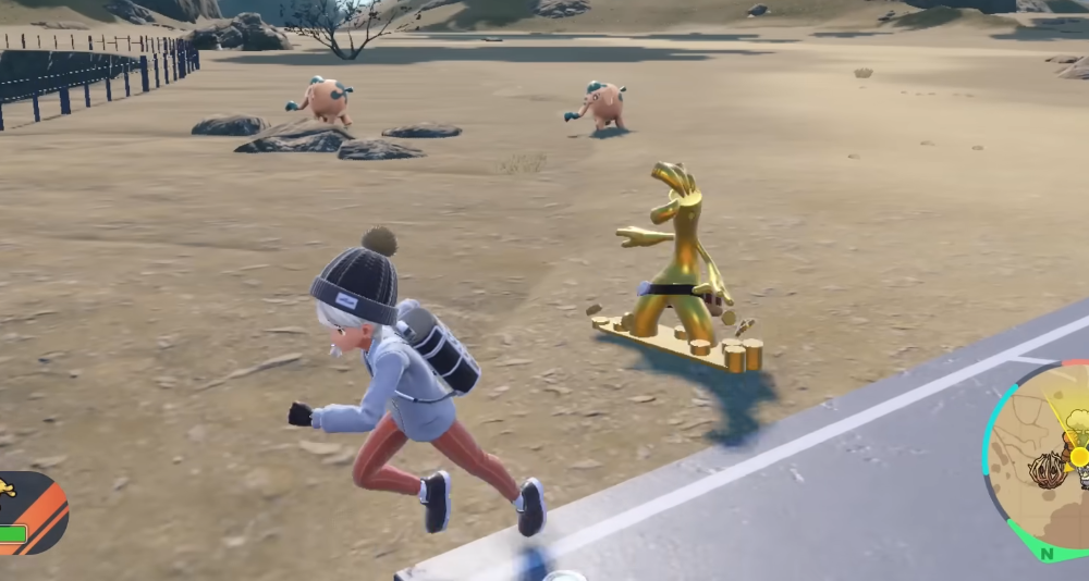 Gholdengo surfs next to its trainer on dry land, on a board made of coins. A pair of Cufant are in the background via Pokémon Scarlet & Violet (2022), Nintendo