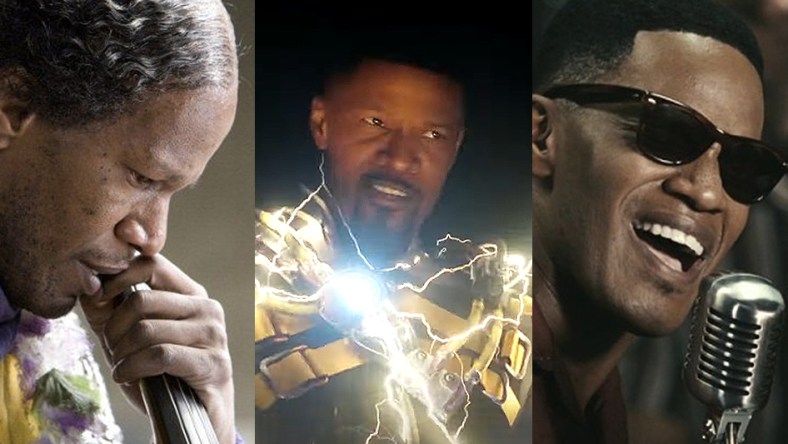 Split image of Jamie Foxx in The Soloist, Spider-Man: No Way Home and Ray