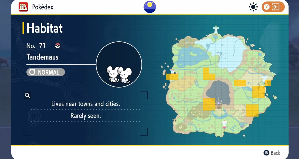 The Pokédex shows the habitat of Tandemaus via Pokémon Scarlet & Violet (2022), Nintendo