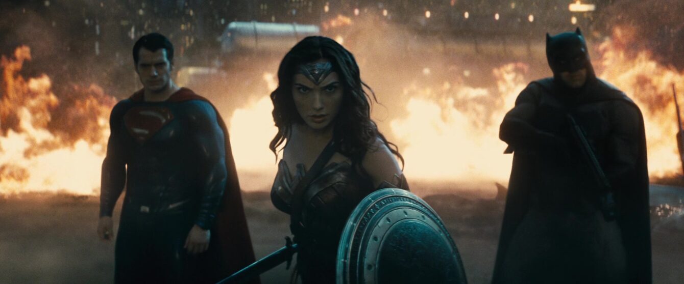 Superman (Henry Cavill), Batman (Ben Affleck), and Wonder Woman (Gal Gadot) stand defiant against Doomsday in Batman v Superman: Dawn of Justice (2016), Warner Bros. Pictures via Blu-ray