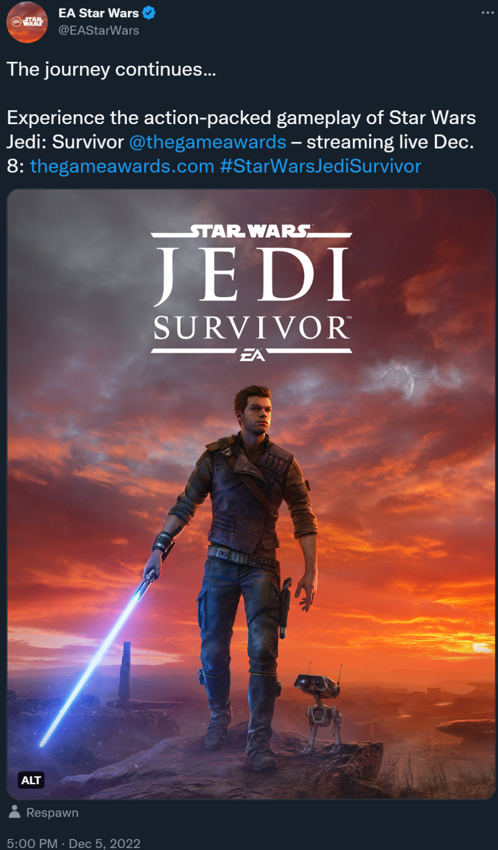 EA reveals the first gameplay trailer for Star Wars Jedi: Survivor will debut at The Game Awards, December 8th via Twitter