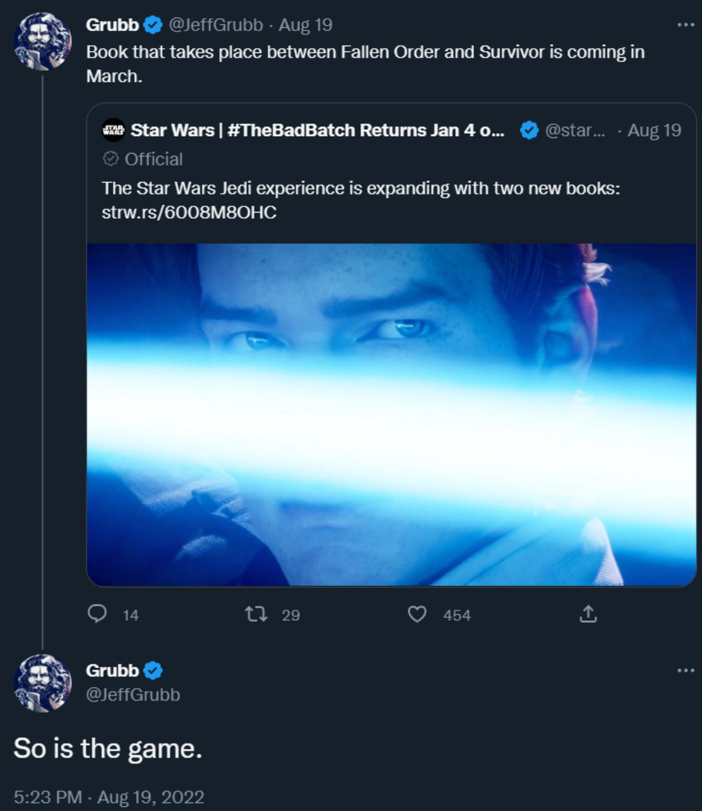 Jeff Grubb claims Star Wars Jedi: Survivor will release in March 2023, coinciding with the release of two books via Twitter