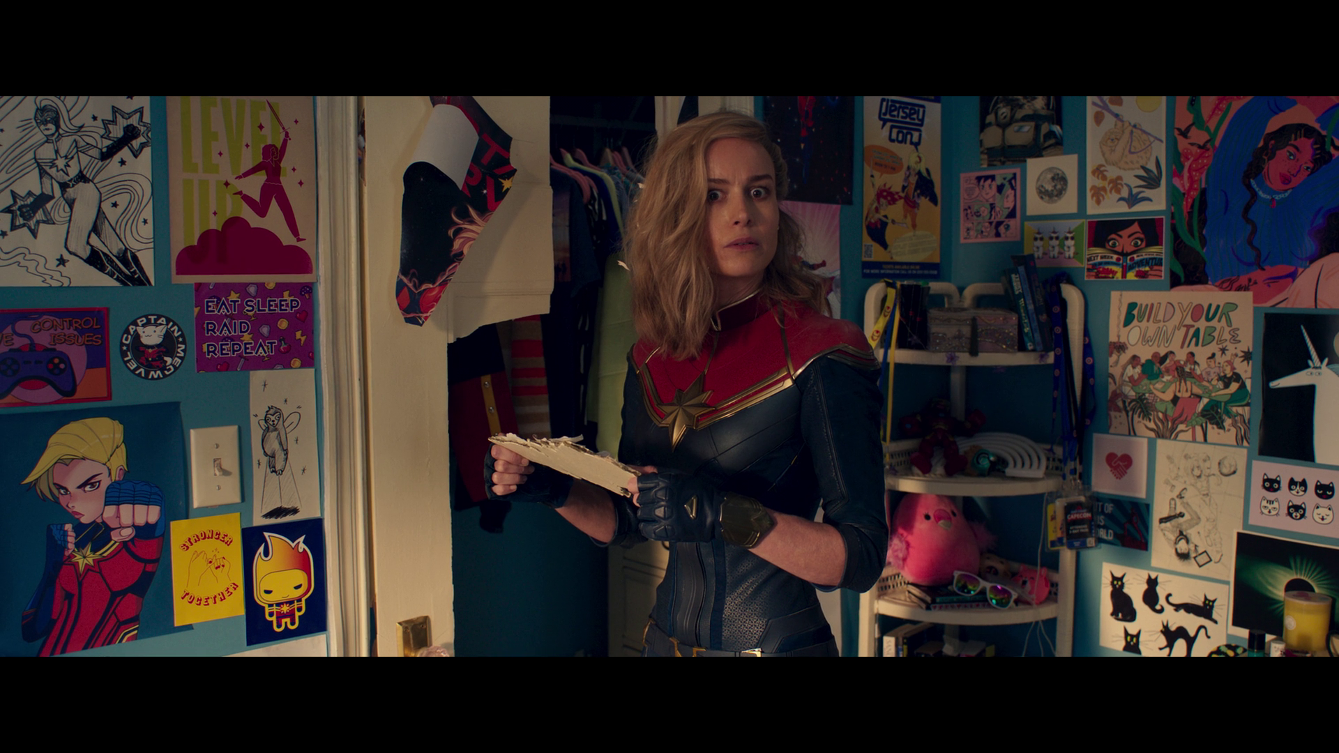 Captain Marvel (Brie Larson) tries to make sense of her recent location-swap in the post-credits scene to Ms. Marvel Season 1 Episode 6 “No Normal” (2022), Marvel Entertainment via Disney Plus