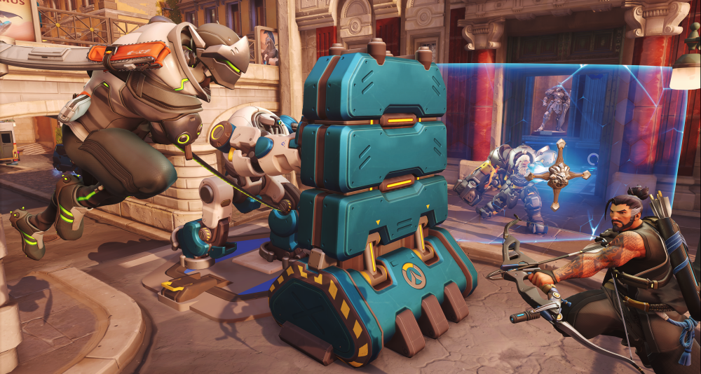 Genji, Reinhardt, and Hanzo support the robot moving the barricade in Push via Overwatch 2 (2022), Blizzard Entertainment