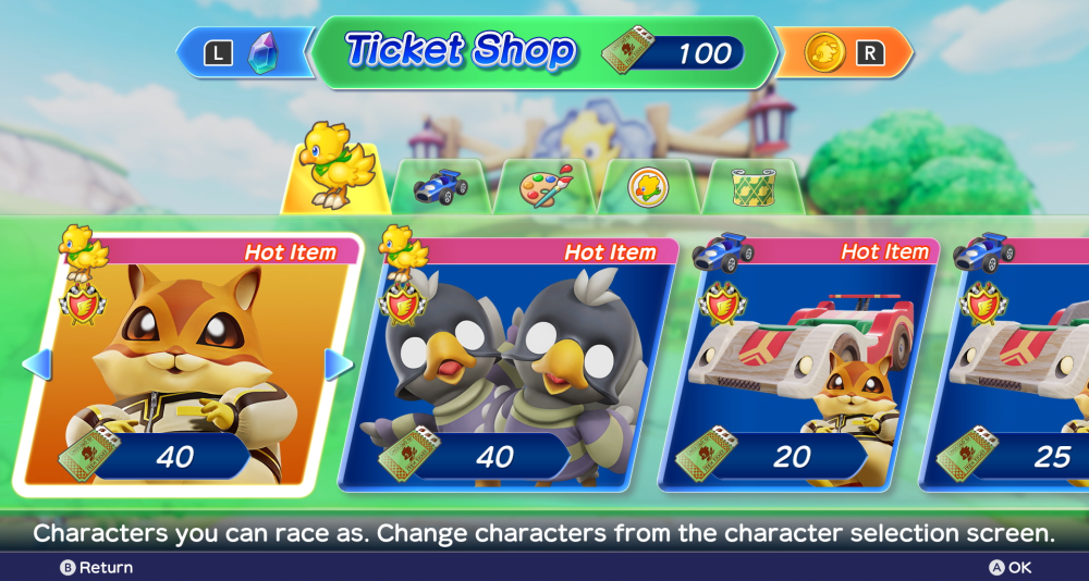 The Ticket Shop shows off the various "hot items," characters and customization options players can buy via Chocobo GP (2022) Square Enix