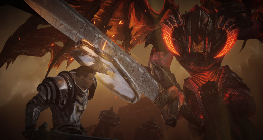 A crusader fights against a giant demon via Diablo Immortal (2022), Blizzard Entertainment