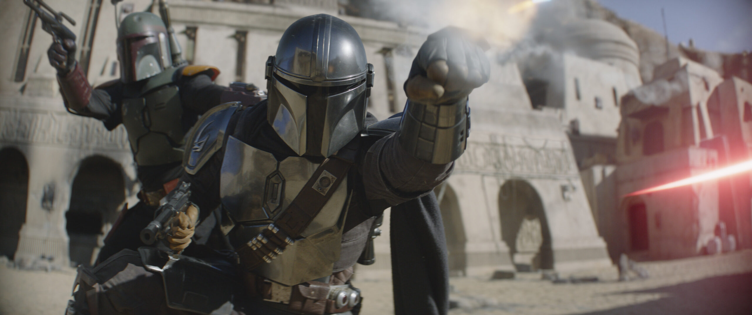 (L-R): Boba Fett (Temuera Morrison) and the Mandalorian (Pedro Pascal) in Lucasfilm's THE BOOK OF BOBA FETT, exclusively on Disney+. © 2022 Lucasfilm Ltd. & ™. All Rights Reserved.