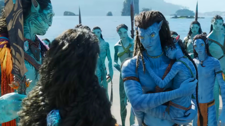 Jake Sully (Sam Worthington) and Neytiri (Zoe Saldaña) introduce themselves and their family to the Metkayina in Avatar: The Way of Water (2022), Disney via YouTube