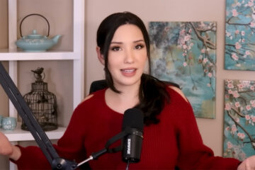 Lauren Chen in a red sweater on her Mediaholic YouTube channel.