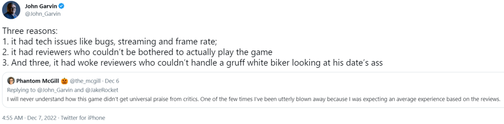 According to the director of Days Gone John Garvin, woke reviewers simply  couldn't handle games with gruff white dudes, which is clearly why all  these games reviewed terribly. : r/Gamingcirclejerk