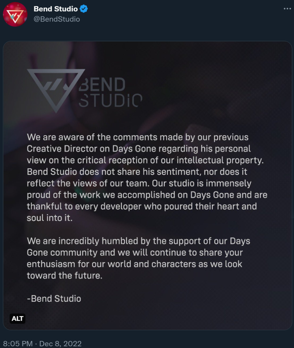 Bend Studio issues a statement over John Garvin's comments on Days Gone's critics via Twitter