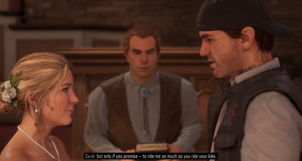 Sarah Whitaker returns Deacon St. John's Mongrels ring at their wedding, asking him to promise to "ride me as much as you ride your bike" via Days Gone (2019), Sony Interactive Entertainment