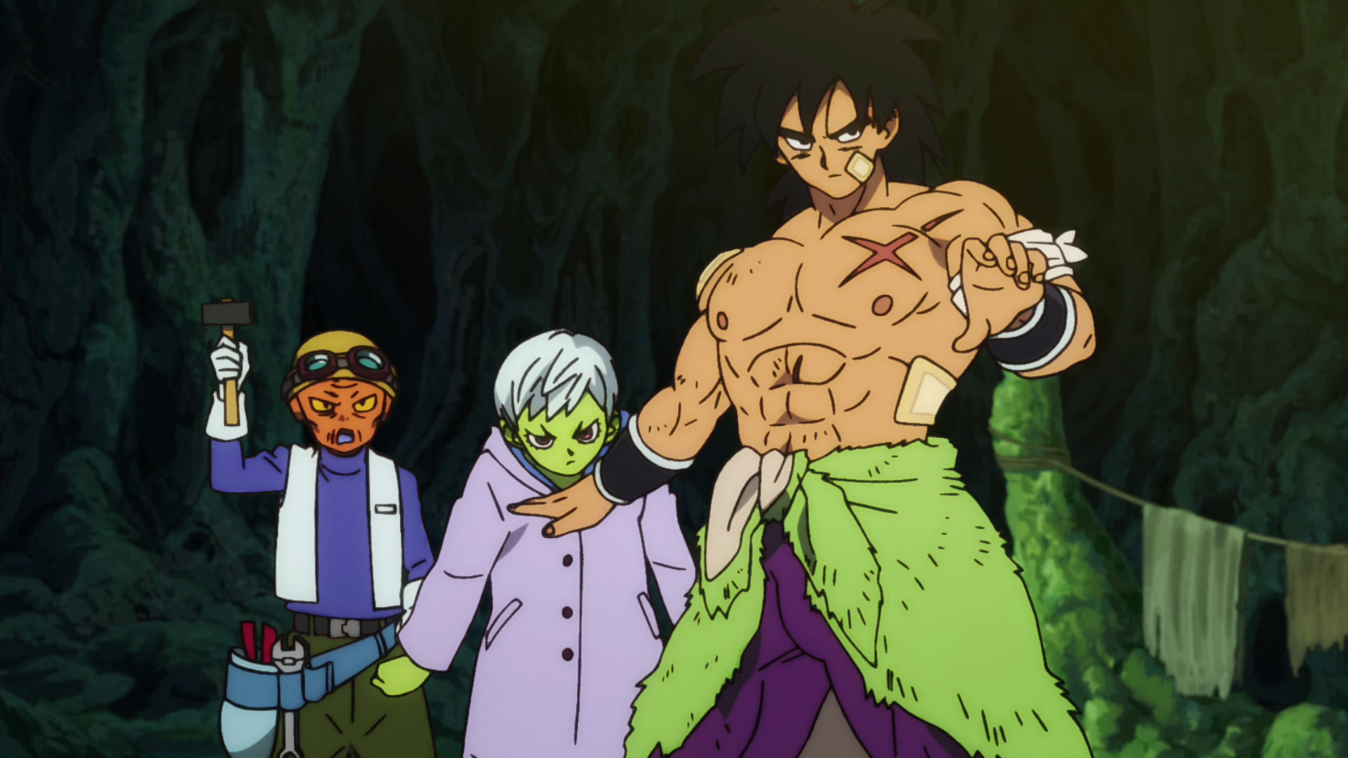 Broly (Vic Mignogna) stands ready to protect Cheelai (Erica Lindbeck) and Lemo (Bruce Carey) in Dragon Ball Super: Broly (2018), Toei Animation via Blu-ray