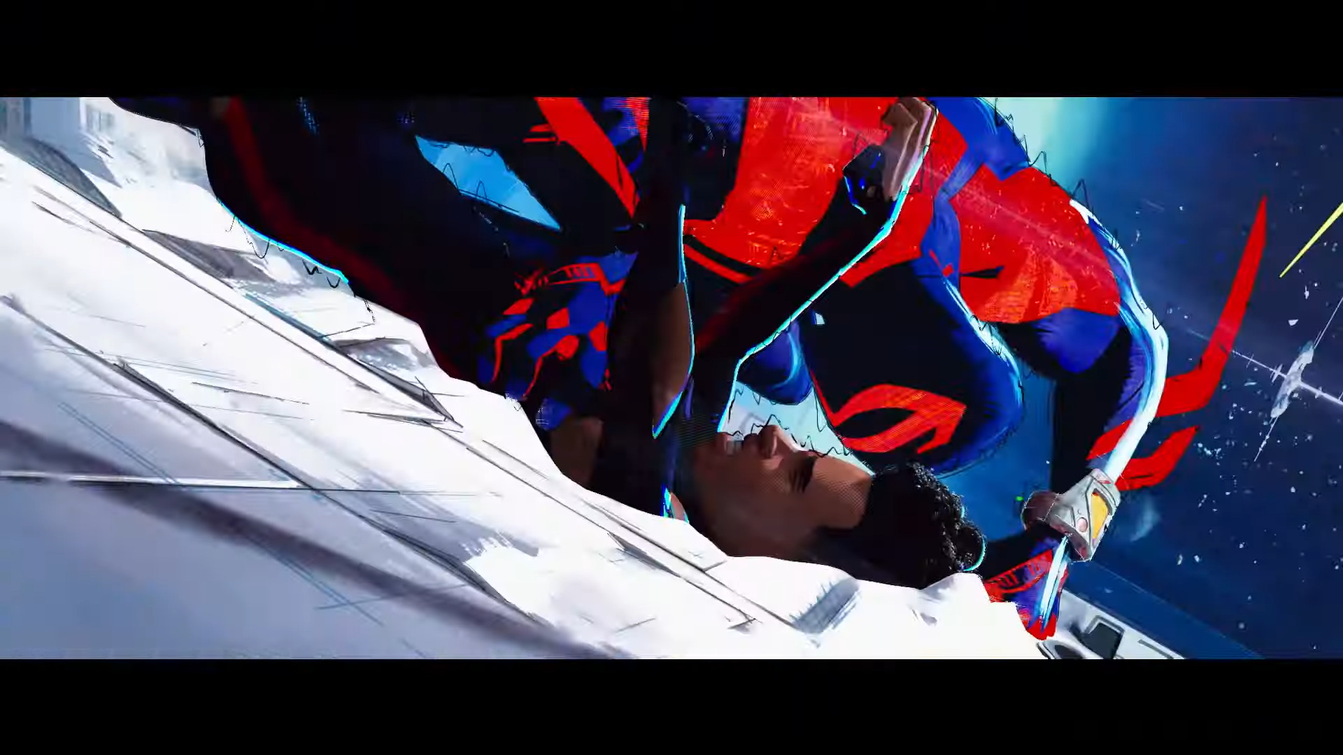 Spider-Man 2099 (Oscar Isaac) takes down Miles Morale (Shameik Moore) in Spider-Man: Across the Spider-Verse (2023), Sony Pictures Animation via YouTube
