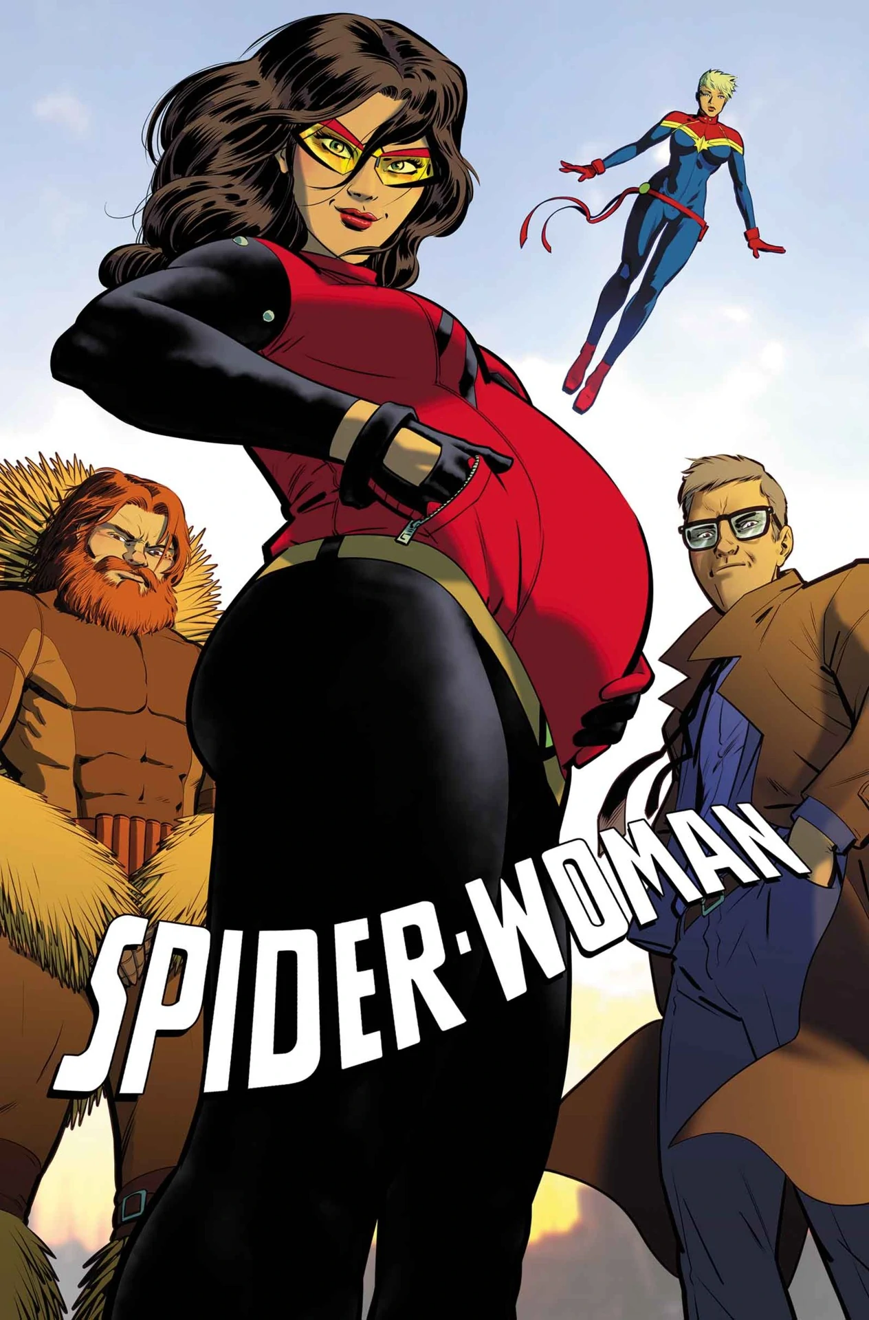 Spider-Woman, Porcupine, Ben Urich, and Carol Danvers on Javier Rodriguez's cover to Spider-Woman Vol. 6 #2 (2015), Marvel Comics via digital issue