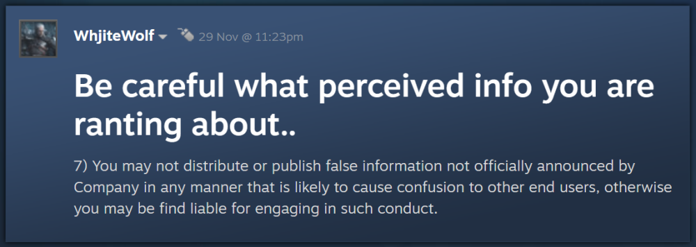 WhjiteWolf warns other Steam users that The Callistro Protocol's Rules of Conduct may result in legal action if they spread "false information" via Steam