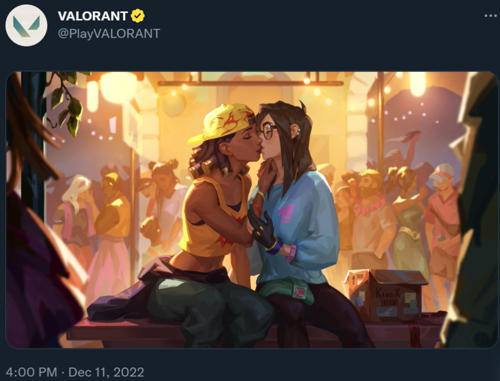 Riot shares artwork showing Valorant agents Killjoy and Raze kissing via Twitter