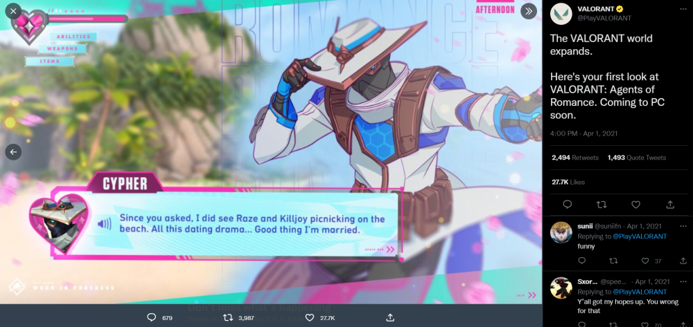 Riot shares screenshots of the fake Valorant dating sim Agents of Love, with Cypher's dialogue hinting at a relationship between Raze and Killjoy