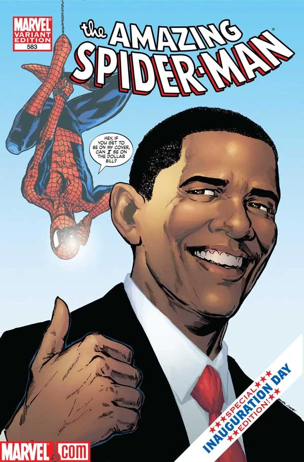 President Obama gives Spider-Man a thumbs-up in Phil Jimenez's 'Inauguration Day' variant cover for Amazing Spider-Man Vol. 1 #583 (2009), Marvel Comics via Marvel.com