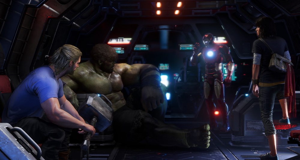 Thor, the Hulk, Iron-Man, and Kamala Khan mope in a SHIELD jet via Marvel's Avengers (2020), Square Enix