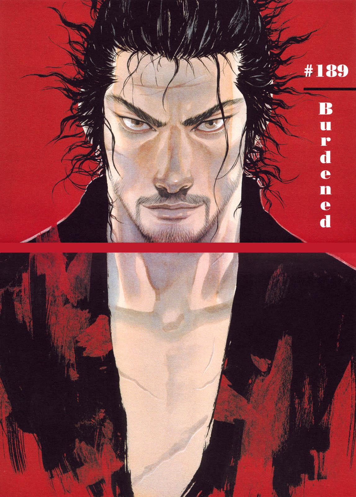 Miyamoto Musashi on Takehiko Inoue's cover page to Vagabond Ch. 189 "Burdened" (2006), Kodansha via digital issue 