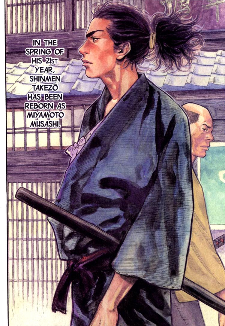 Miyamoto Musashi begins anew in Vagabond Ch. 22 "Miyamoto Musashi" (1999), Kodansha. Words and art by Takehiko Inoue via digital issue