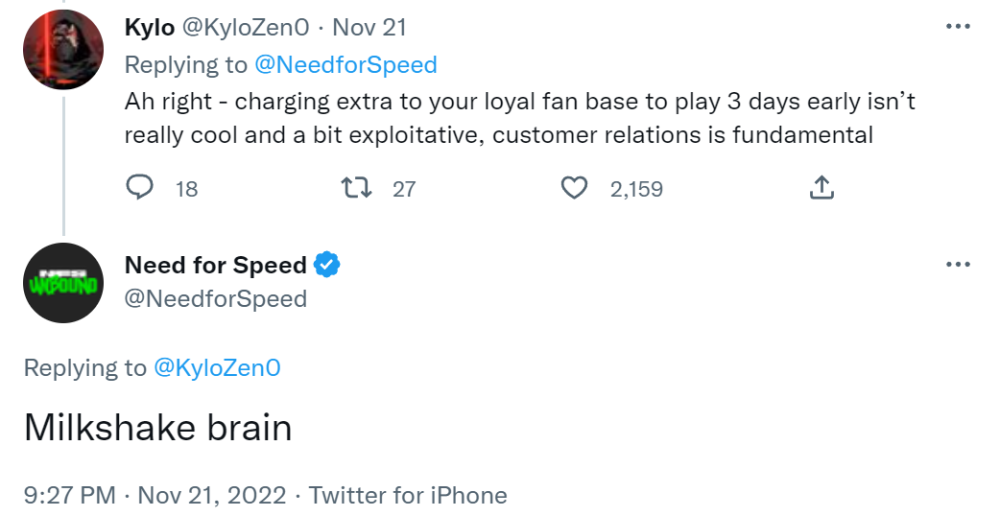 [Archive link] Twitter user KyloZen0 argues pre-ordering for Early Access is exploitative, while the official Need for Speed account calls them "Milkshake brain" via Twitter