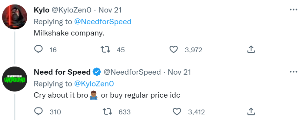 [Archive link] Twitter user KyloZen0 insults the official Need for Speed back, only to be told to "cry about it" and buy Need for Speed Unbound at the normal price via Twitter