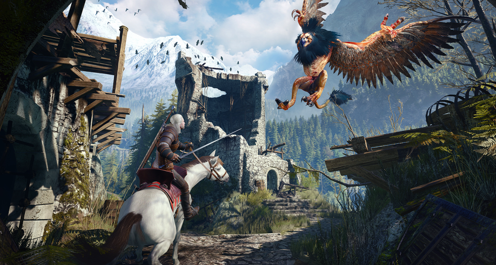 Geralt (Doug Cockle), riding atop Roach, is ambushed by a Royal Griffin via The Witcher 3: Wild Hunt (2015), CD Projekt