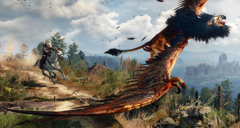 Geralt (Doug Cockle) pursues a Royal Griffin, riding atop Roach via The Witcher 3: Wild Hunt (2015), CD Projekt