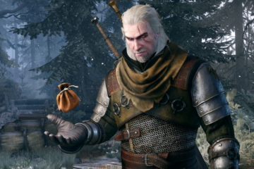 Geralt (Doug Cockle) tosses his coin pouch into the air via The Witcher 3: Wild Hunt (2015), CD Projekt