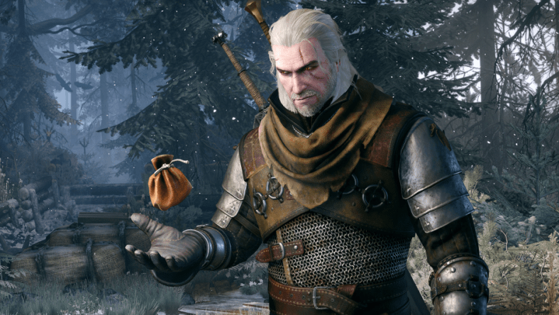 Geralt (Doug Cockle) tosses his coin pouch into the air via The Witcher 3: Wild Hunt (2015), CD Projekt
