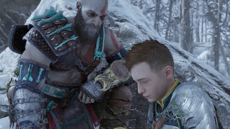 Kratos (Christopher Judge) consoles Atreus (Sunny Suljic) in God of War: Ragnarök (2022), Sony Santa Monica Studios