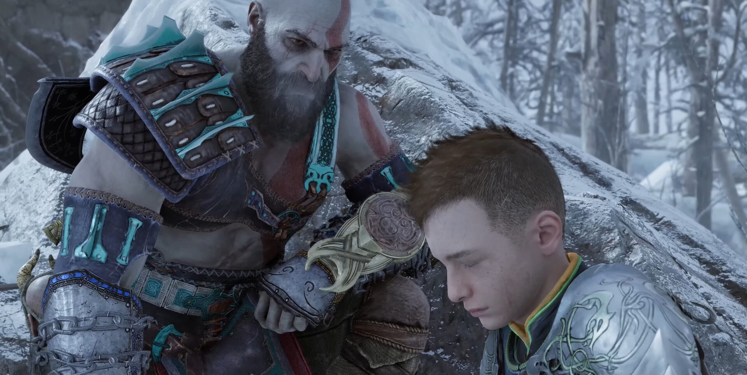 Kratos (Christopher Judge( consoles Atreus (Sunny Suljic) in God of War: Ragnarök (2022), Sony Santa Monica Studios via YouTube