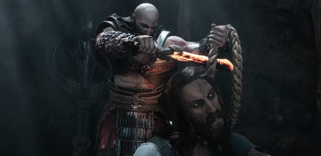 Kratos (Christopher Judge) cuts a rope from Týr's (Ben Prendergast) neck in God of War: Ragnarök (2022), Sony Santa Monica Studios via YouTube
