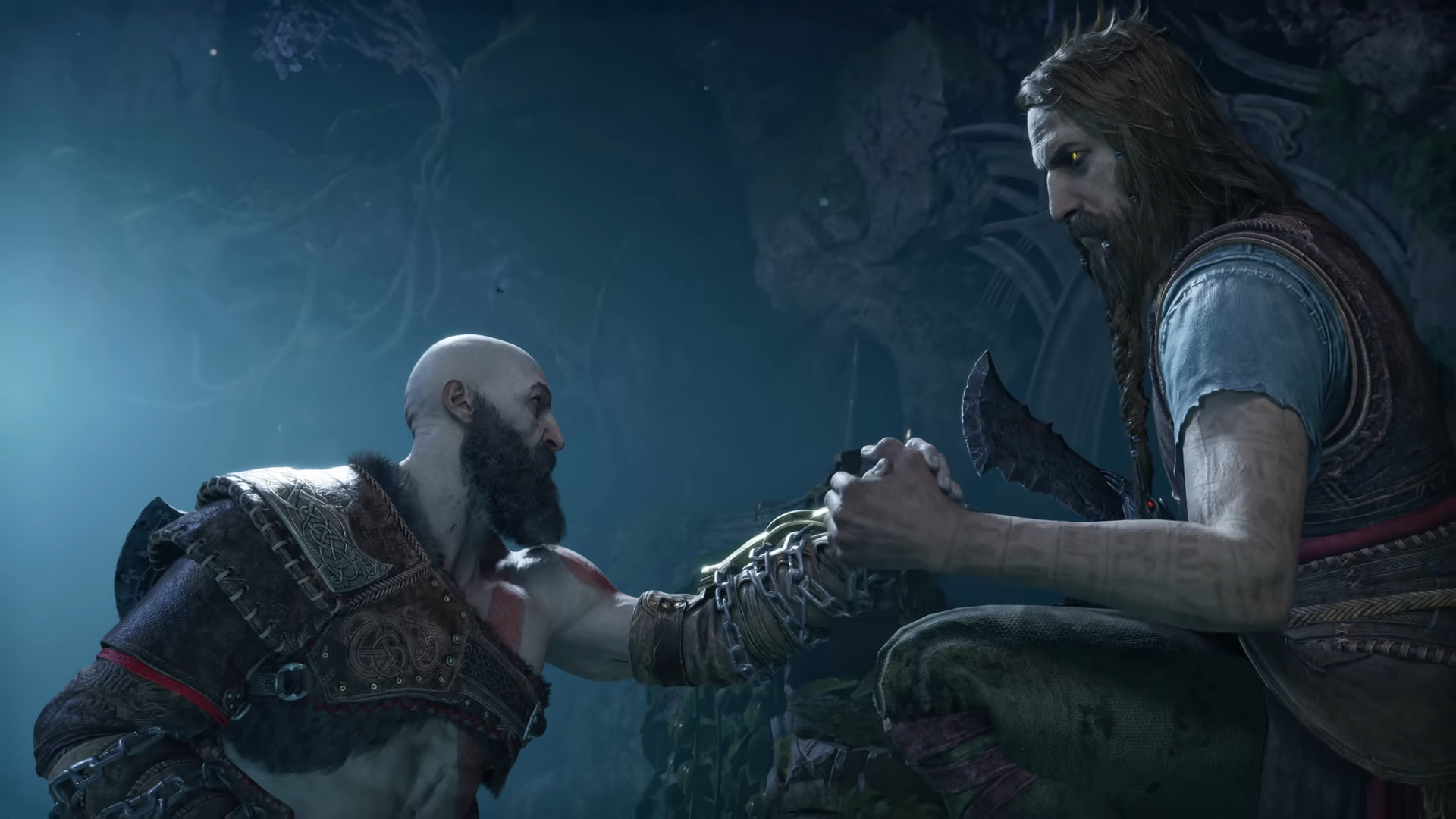Kratos (Christopher Judge) shakes hands with Týr (Ben Prendergast) in God of War: Ragnarök (2022), Sony Santa Monica Studios via YouTube