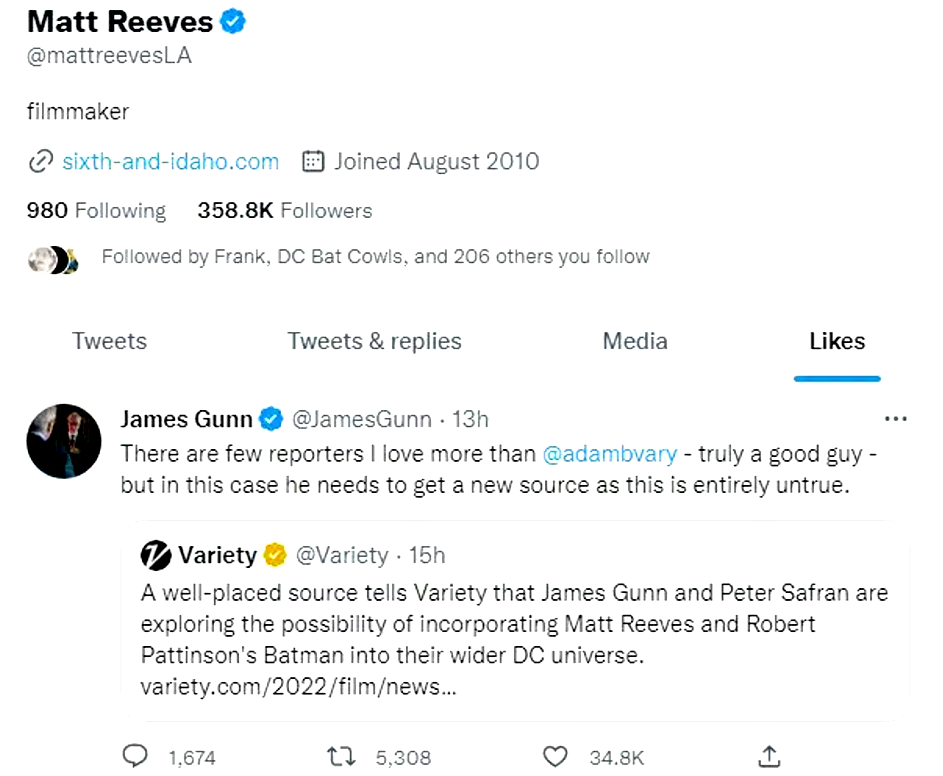 Matt Reeves likes James Gunn tweet