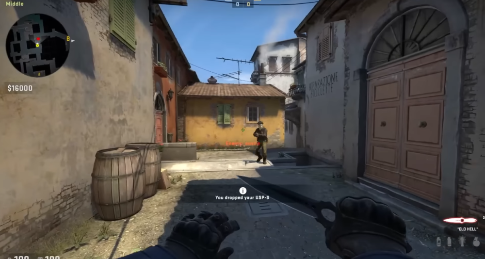 The player tries to bring a knife to a gunfight against a terrorist via Counter-Strike: Global Offensive (2012), Valve