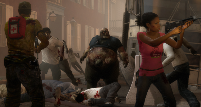 Ellis (Eric Ladin) and Rochelle (Rochelle Aytes) fend off zombies and a Boomer in Left 4 Dead 2 (2008), Valve