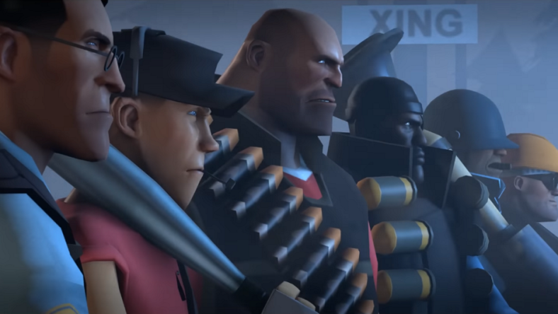 RED and BLU teams stand together against the Gray Mann robot horde via Team Fortress 2 (2007), Valve