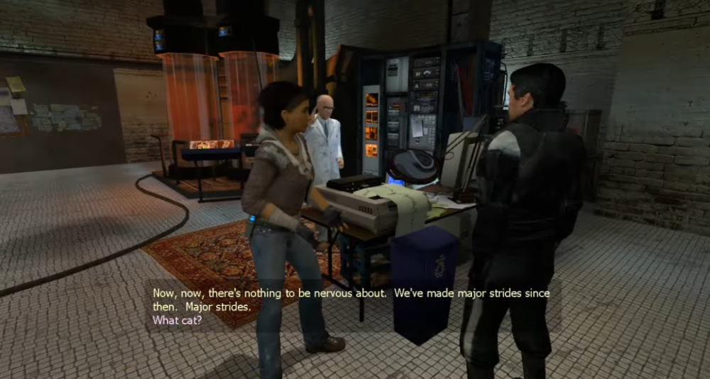 Alyx Vance expresses concern over what happened to the cat used in the teleporter, though Barney Calhoun and Dr. Isaac Kleiner ignore her via Half-Life 2: Episode One (2006), Valve