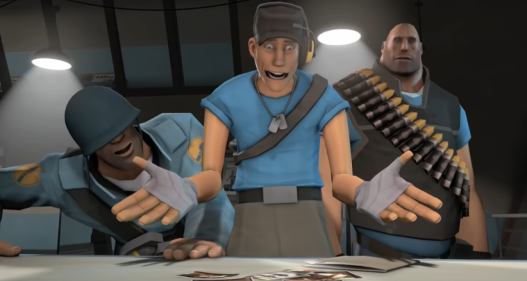 A BLU Scout (Nathan Vetterlein) is aghast at photos of a RED Spy (Dennis Bateman) being "intimate" with his mother, as Soldier (Rick May) and Heavy (Gary Schwartz) look on in Team Fortress 2 (2007), Valve