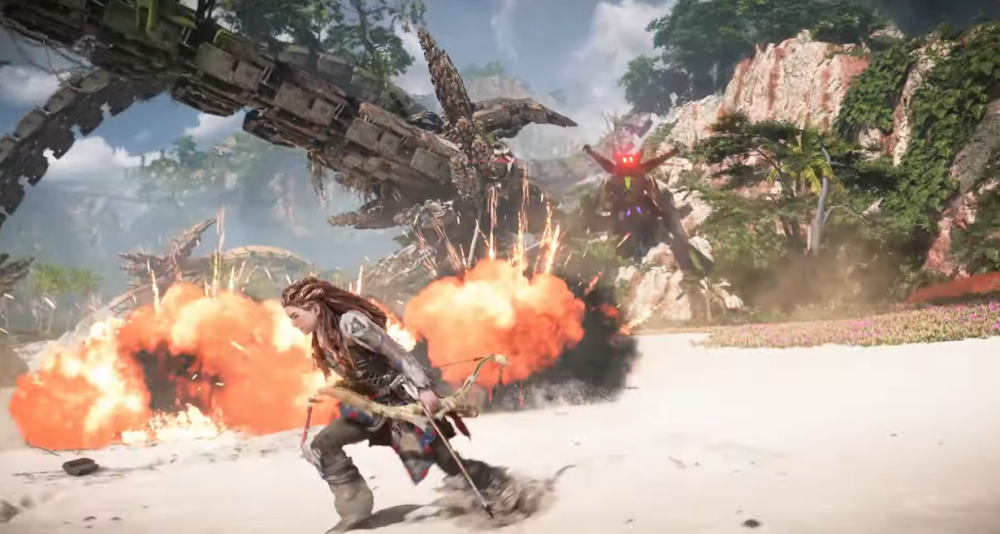 Aloy scrambles away from a Dreadwing's explosive ordnance via Horizon Forbidden West (2022), Sony Interactive Entertainment
