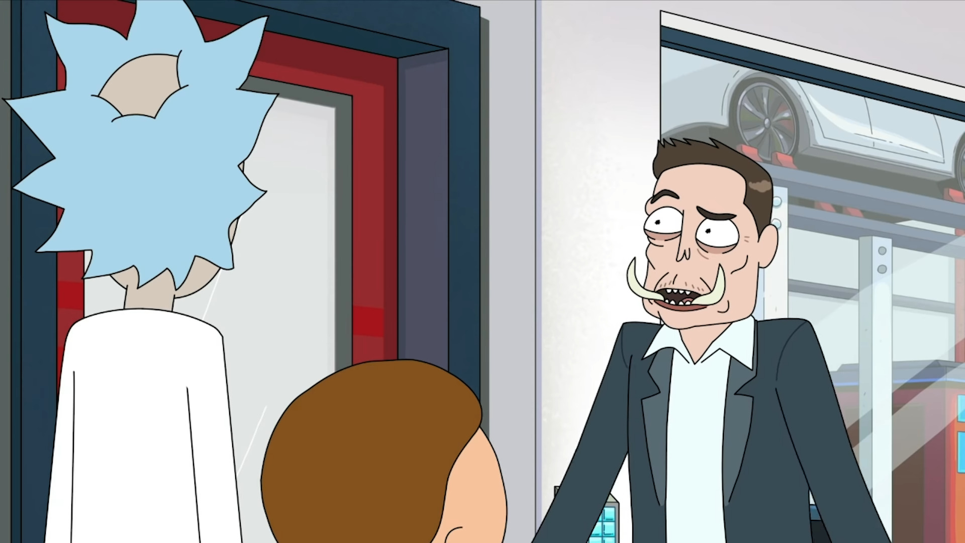 Elon Tusk (Elon Musk) questions why Rick and Morty (Justin Roiland) would need his help in Rick and Morty Season 4 Episode 3 "One Crew Over the Crewcoo's Morty" (2019), Adult Swim