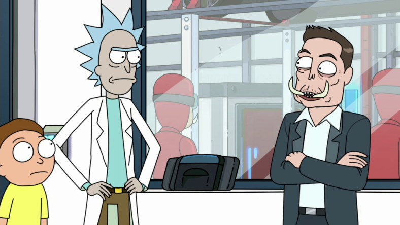 Rick and Morty (Justin Roiland) seek Elon Tusk's (Elon Musk) help in Rick and Morty Season 4 Episode 3 "One Crew Over the Crewcoo's Morty" (2019), Adult Swim