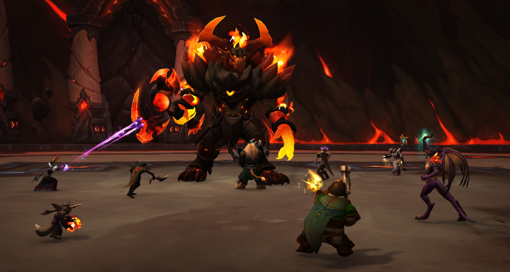 Players stand against Eranog in the The Vault of the Incarnates via World of Warcraft: Dragonflight (2022), Blizzard Entertainment