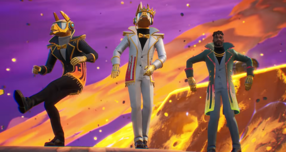 Players dance atop a meteor in Season X, dressed in Twin Turntable cosmetics such as Y0ND3R via Fortnite (2017), Epic Games