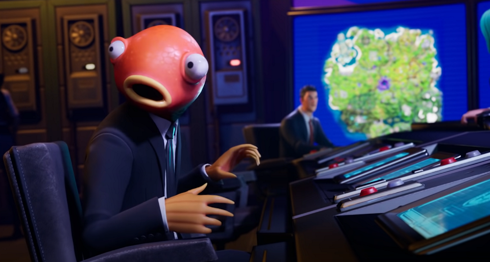 Fishstick makes sure no one noticed he just knocked over a coffee cup via Fortnite (2017), Epic Games