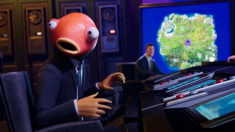 Fishstick makes sure no one noticed he just knocked over a coffee cup in Fortnite (2017), Epic Games
