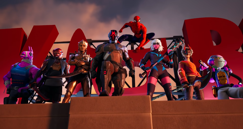Spider-Man, The Foundation, and other characters stand atop the Daily Bugle in Chapter 3 Season 1 via Fortnite (2017), Epic Games
